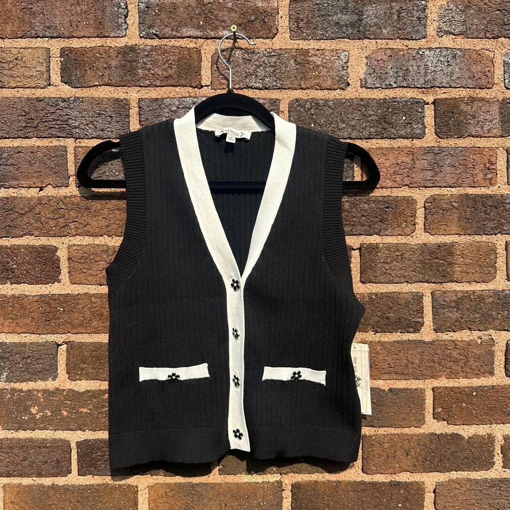 Nanette Lepore Black White Sweater Vest Womens Small Floral Button Preppy